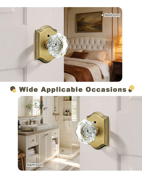 Clear Glass Diamond Door Knob Set With Privacy Lock in Antique Brass Finish shown in bedroom and bathroom settings