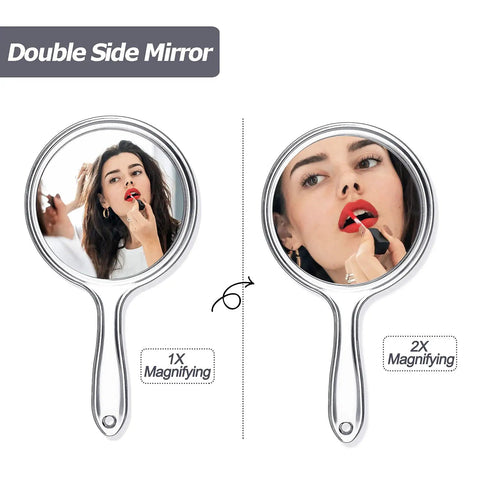Double Sided Handheld Mirror With 1X And 2X Magnification Clear Handle Round Makeup Mirror For Face Detailing And Mascara Application Great For On The Go