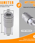 All-In-One 28 Piece 1/4 Inch NPT Quick Connect Air Fittings Kit see-through diagram of coupler with diameter and thread size