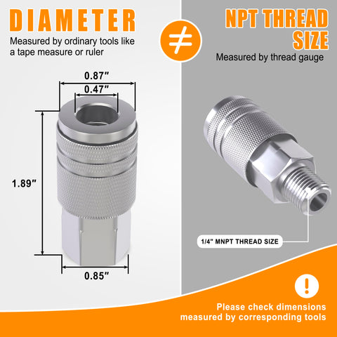 All-In-One 28 Piece 1/4 Inch NPT Quick Connect Air Fittings Kit see-through diagram of coupler with diameter and thread size