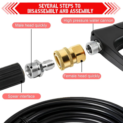 Disassembled view of brass quick connect fitting in use with pressure washer components, highlighting assembly points.