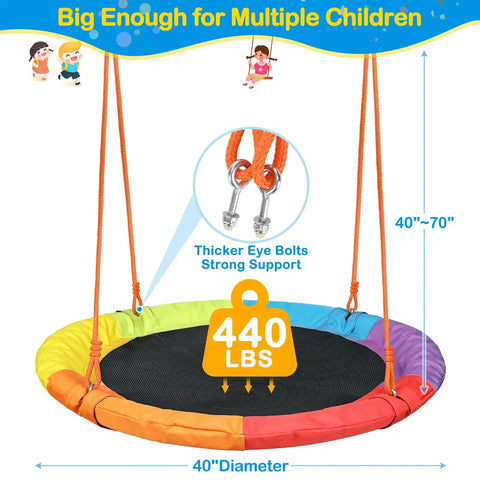 Rainbow Saucer Swing With Stand For Kids Outdoor Playset, showing adjustable ropes, 40-inch diameter, supports 440 lbs.