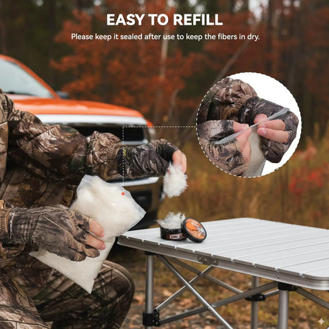 Top Shelf Wind Direction Indicator Refill For Hunters And Woodsmen Using Natural Plant Fibers To Read Downwind Air Currents Smoothly Without Messy Talc Powder Dust 25 Gram Pack in use for easy refilling.