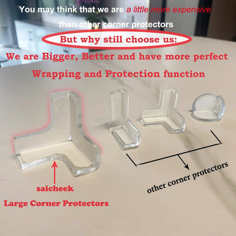 Ultra Clear Silicone Corner Protectors For Baby Proofing T Shaped Furniture Edge Guards With A Rock Solid Grip Four Pack on table.