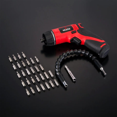 Cordless Electric Screwdriver Kit With Built In LED Light And 31 Pc Bit Set, Rechargeable Battery, assorted bits and flexible shaft
