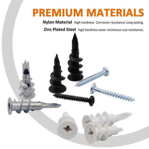 250 Piece Drywall Anchors And Screws Kit Nylon And Zinc Self Drilling Wall Anchors for Sheetrock shown in assorted sizes and colors