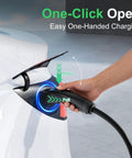 Hand using Tesla Level 2 Portable EV Charger 25A With 22 Foot Cable And One Touch Release NEMA 14 30 Plug for easy charging