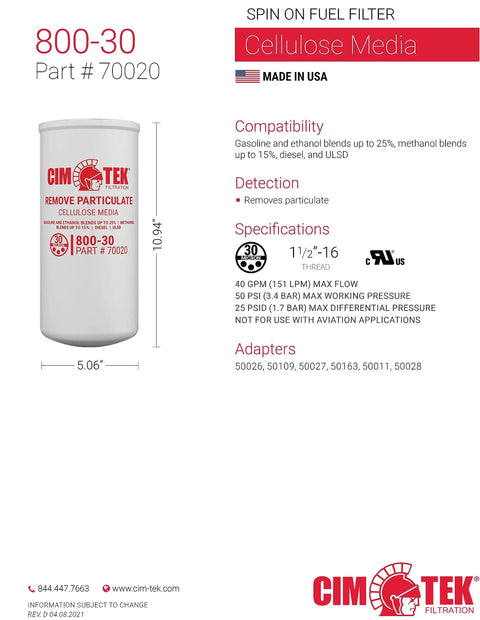 High Flow Spin On Fuel Dispenser Filter With 30 Micron Cellulose 40 Gpm Max 50 Psi Working Pressure 5 Inch Diameter By 11 Inch Length One And A Half Inch 16 Nose Thread Built For Commercial Fuel Polishing And Heavy Duty Filtration on white background