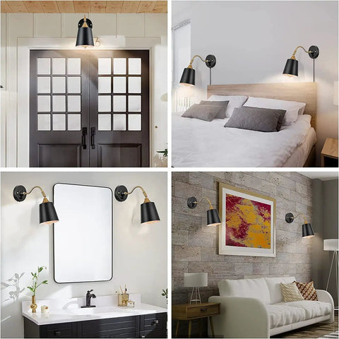 Battery Powered Dope Gooseneck Wall Light with Remote Dimmer in various interior settings, black metal finish, sconce design.