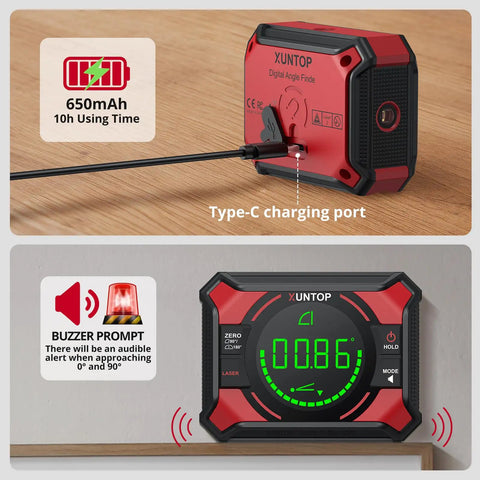 Digital Angle Finder With Dual Laser Level, Inclinometer And Electronic Level, 0-180° Range, Precise to ±0.1° At 0°/90°, 0.05° Resolution, LED Readout And Beep Alerts, Handy 3-In-1 Tool For Leveling, Angles, And Hanging, red cordless unit with Type-C charging port and display