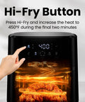 Compact Four Quart Air Fryer With Digital Touchscreen and Four Smart Presets, showcasing Hi-Fry button and crispy chicken.