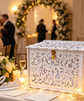 Slick White Silhouette Wedding Card Box With Lock And Slot, Dope Floral Hollow Envelope Holder for reception with floral decor.
