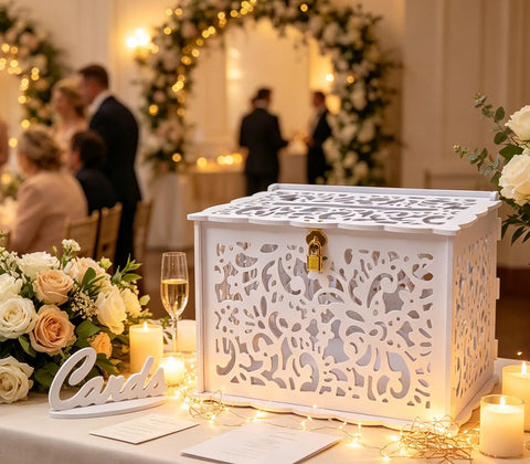 Slick White Silhouette Wedding Card Box With Lock And Slot, Dope Floral Hollow Envelope Holder for reception with floral decor.
