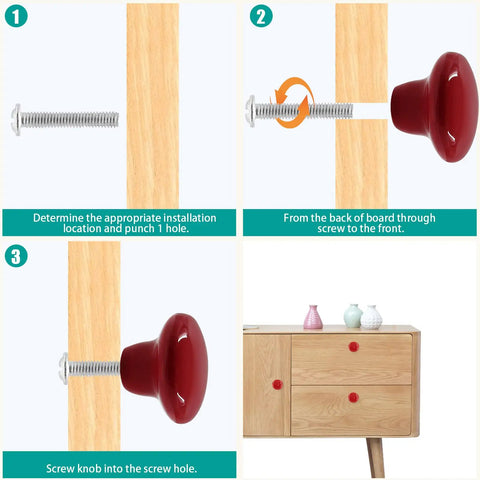 Upgrade Your Home With Fresh Red Ceramic Cabinet Knobs One Point Five Inches Wide showing installation steps with porcelain knobs.