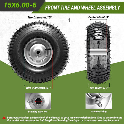 Two Pack Front Lawn Mower Tire And Wheel Assembly For Riding Mowers 15X6.00-6 Fits John Deere Craftsman Husqvarna