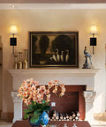 Living room with Set Of 2 Slim Wall Sconces With White Fabric Shade And Matte Black Base For Bedroom Bedside Bathroom Vanity And Living Room - Easy Dope Hardwired Indoor Wall Lighting Fixtures above fireplace