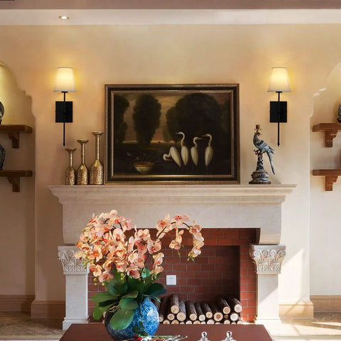Living room with Set Of 2 Slim Wall Sconces With White Fabric Shade And Matte Black Base For Bedroom Bedside Bathroom Vanity And Living Room - Easy Dope Hardwired Indoor Wall Lighting Fixtures above fireplace