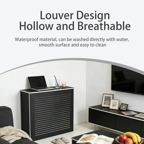 No Drill Radiator Cover Cabinet for home, wall mounted, conceals old radiators and clutter, flat top shelf with decor, size 60x70x20cm.