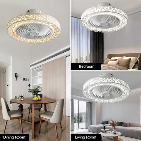 Bladeless 20 Inch Flush Mount Ceiling Fan With Remote Control, 72W, in dining, bedroom, and living room settings.