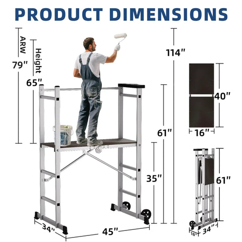 5 Foot Foldable Aluminum Scaffolding, Portable Rolling Work Platform With Adjustable Height, Scaffold Tower And Ladder Stool, Multiuse Work Bench, Lightweight Aviation Aluminum Alloy, Boss Level Stability, 330 Lbs Capacity, Easy Setup, dimensions view