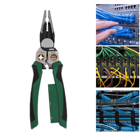 Badafaci 8 In 1 Wire Stripper Voltage Tester Multifunctional Crimping Cutting Pliers Electrical Tool with green rubber grips.