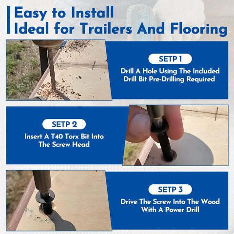 Steps to install 100 Pcs 5/16-18 X 2-1/2 Inch Flat Head Deck Screws Pro Grade For Hardwood And Laminate, showing drill and bit usage