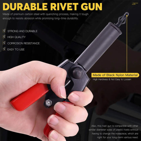 Hand holding rivet gun from Rivet Gun Set With 40 Nylon Blind Rivets In 4 Sizes And 1 Fastener Removal Tool Hand Riveter Kit