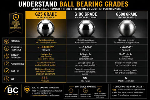 100 Pack 6mm Chrome Steel Bearing Balls Grade 25 Precision Rounds For Bicycles Casters Drawer Hardware And Machinery AISI 52100 Chromium Steel With Tight Tolerances And Smooth Finish For Long Lasting Performance. ball bearing grades chart comparing G25, G100, and G500 precision