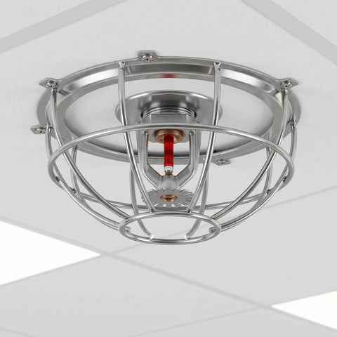 Built Like A Truck Fire Sprinkler Guard Screw Type Cage Cover Replacement For Upright Pendant And Horizontal Heads Knockout Impact Protector For Busy Home Office Or Hotel Basement, silver steel cage protecting fire sprinkler head.