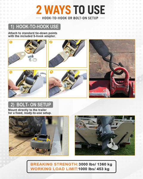 Image showing two ways to use Retractable Ratchet Straps 2 Pack 1 7/8 Inch By 4 Foot Heavy Duty Transom Tie Downs with boats and trailers.
