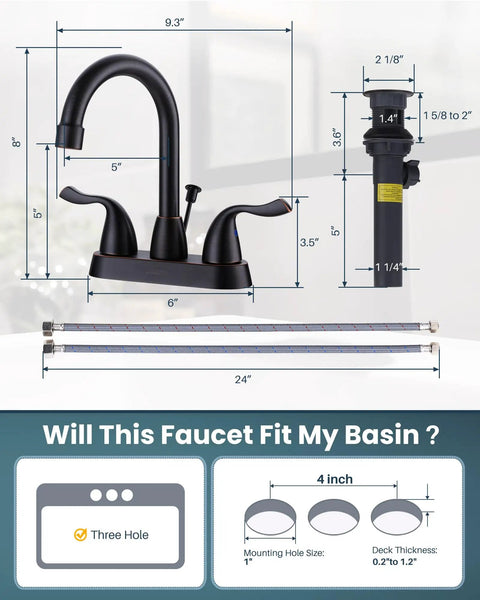 Oil Rubbed Bronze Vintage Style Bathroom Faucet With 4 Inch Centerset, 2-Handle 3-Hole Design, Rotating Spout, dimensions diagram