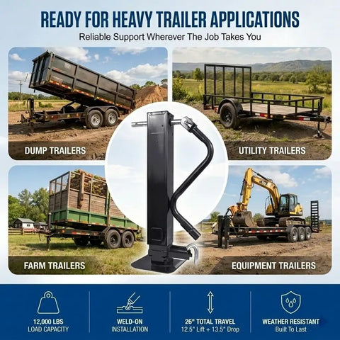Heavy Duty Weld On Trailer Jack For Utility Trailers With 12000 Lbs Hold, shown in use with various trailer types.
