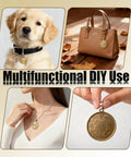 20 Pack Brass Coin Blanks, 40mm Diameter, 2mm Thick on dog collar, handbag, necklace, and held in hand showcasing multifunctional use