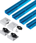 Rock Solid 24 Inch Double Cut Universal T Track Kit With Bidirectional Short Stops And Wing Nuts Shop Ready Heavy Duty Aluminum Slot Rail System For Table Saw Jigs And Router Table Setup, featuring aluminum tracks and accessories.