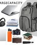 Airline Approved 35L Travel Backpack under seat carry on with laptop, water bottle, camera, and accessories displayed around it.