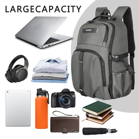 Airline Approved 35L Travel Backpack under seat carry on with laptop, water bottle, camera, and accessories displayed around it.