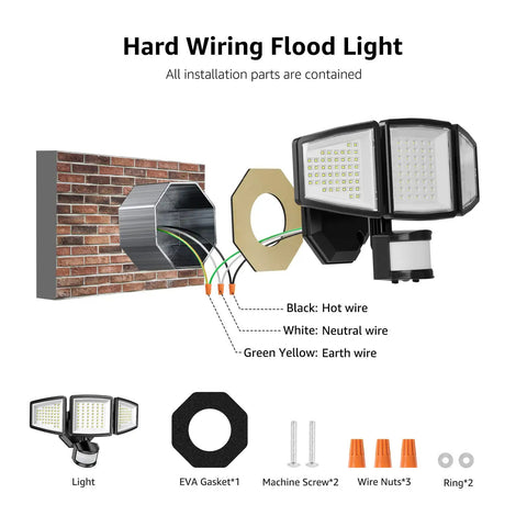 Diagram showing installation of LED Security Light Outdoor Motion Sensor Flood Light With 3 Adjustable Heads on a brick wall.