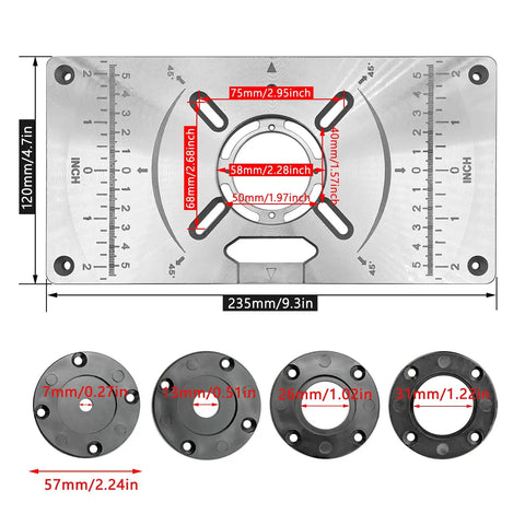 Knockout Aluminum Router Table Insert Plate For Precision Woodworking And Bench Trimming Rock Solid Fit with detailed measurements