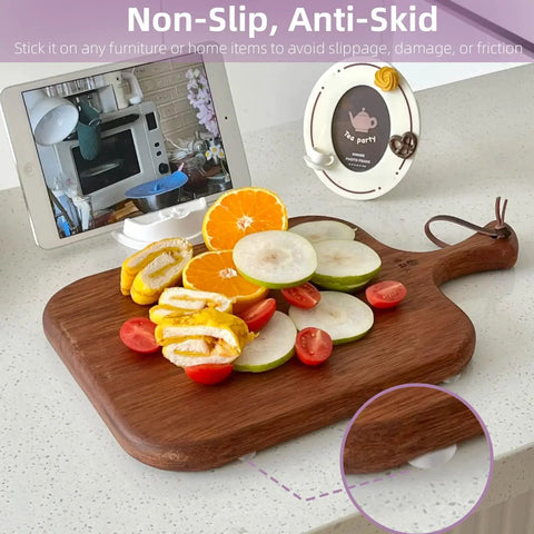 300 Piece Clear Rubber Cabinet Bumpers And Drawer Stops Self Adhesive Furniture Glide Pads on wooden cutting board with fruits.