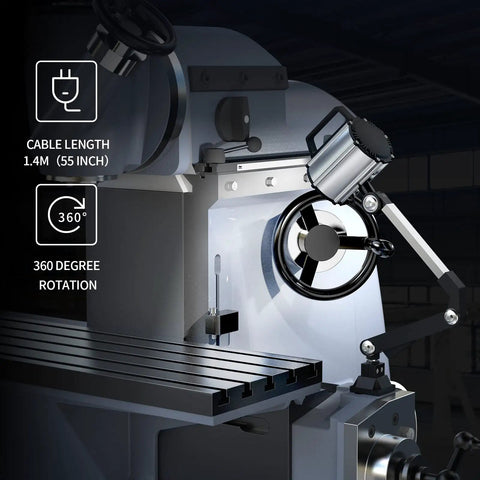 Led Lathe And Drill Press Work Light With Flexible Arm Waterproof 18W illuminating a machining surface with rotational settings.