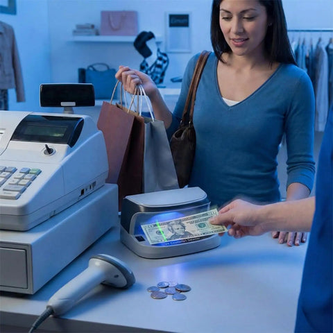 Retailer using Counterfeit Money Detector With UV LED Light, Handheld Bill Checker For Fast, No Fuss Fake Currency Verification