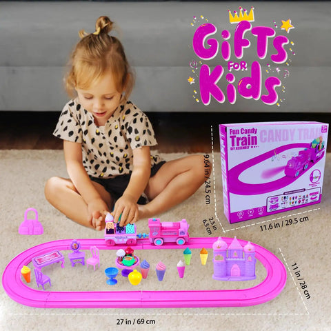 Young girl playing with Pink Train Set For Toddlers And Kids With Light Up Tracks And Music, 38 Piece Car Toy Playset.