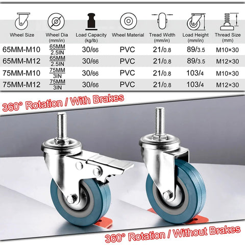Tough As Nails Silent Roll Caster Wheels With Tight Dual Locks Smooth Glide Pvc Swivel Casters For Furniture Upgrade M10 M12 Threaded Stem Pack Of Four Easy Swap For Beds And Tables