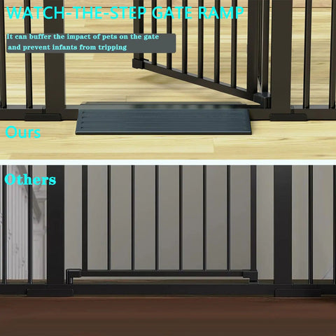 Comparison of auto close baby and dog gate for stairs and doorways with ramp and no ramp setup.