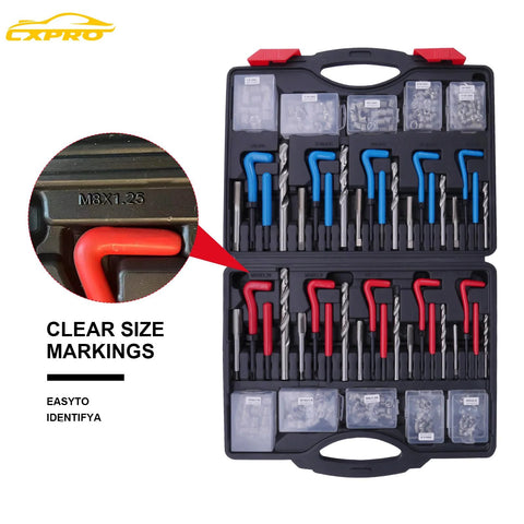 CXPRO 314-piece thread repair kit with metric and SAE helicoils, HSS drill bits and taps in a black case