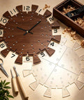Shop Ready Dead On 4 Piece 15.75 Inch Acrylic Clock Router Template Set With 9mm Guide Holes displayed with clock face and tools.
