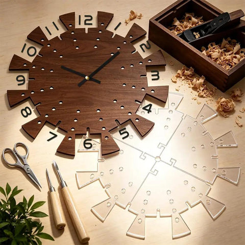 Shop Ready Dead On 4 Piece 15.75 Inch Acrylic Clock Router Template Set With 9mm Guide Holes displayed with clock face and tools.