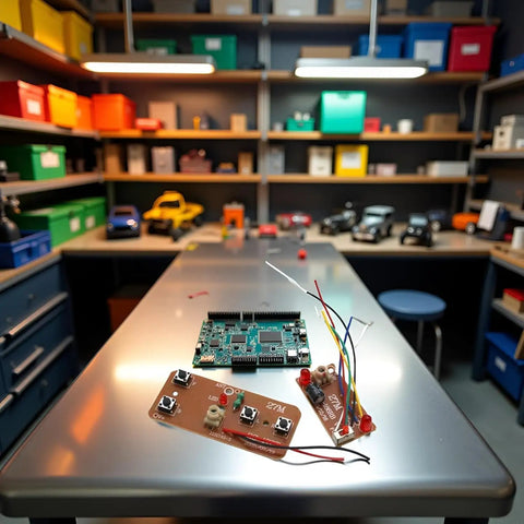Workshop table with Four Way Remote Control Board For DIY Robotics With Two Way Transmitter And Receiver