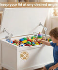 Child using toy box with open lid, supported by 2 Pack Adjustable Lid Support Hinges for Wooden Toy Boxes and Small Storage Cabinets