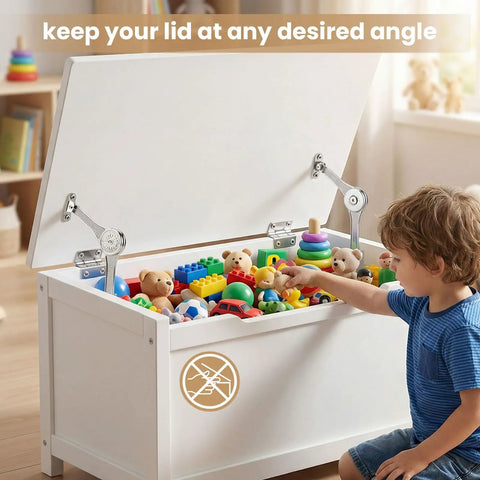 Child using toy box with open lid, supported by 2 Pack Adjustable Lid Support Hinges for Wooden Toy Boxes and Small Storage Cabinets